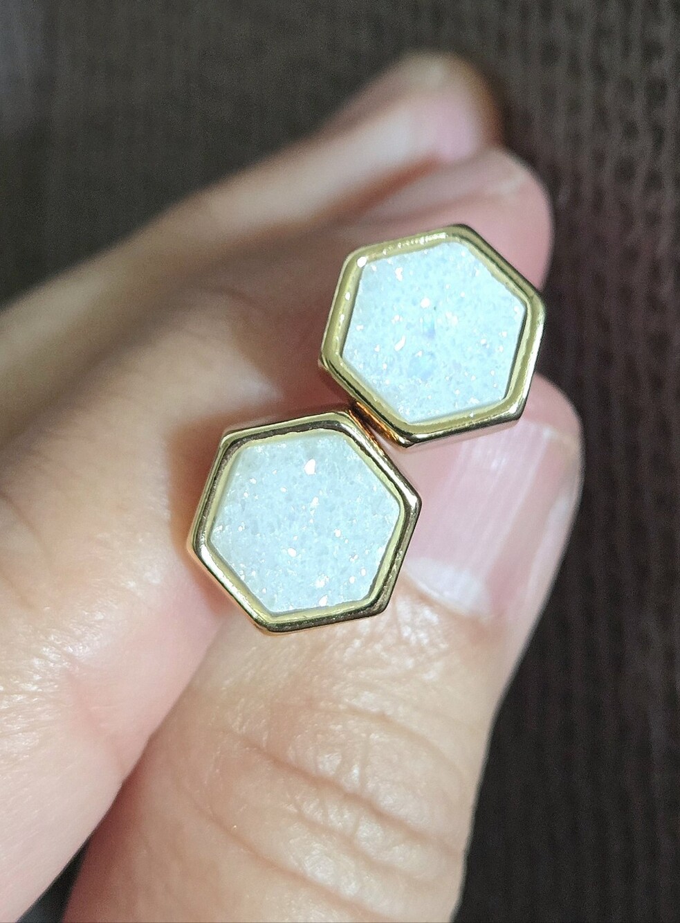 Luna🌙 Norte White Druzy Quartz Hexagon Earrings - Picture 12 of 16